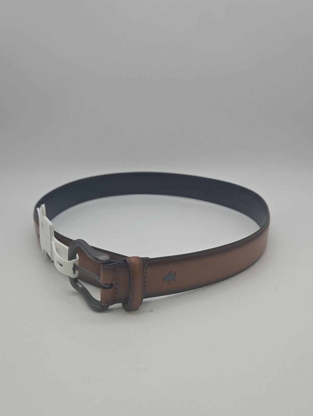 Original Penguin Brown Leather Belt with Black Lining and White Buckle Cover